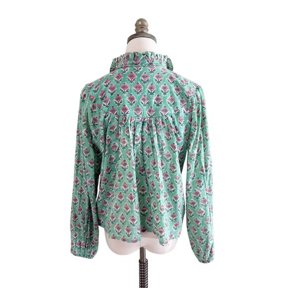 Marea Green & Pink Floral Print Blouse Small 100% Cotton Button Up Bubble Sleeve - Picture 6 of 9